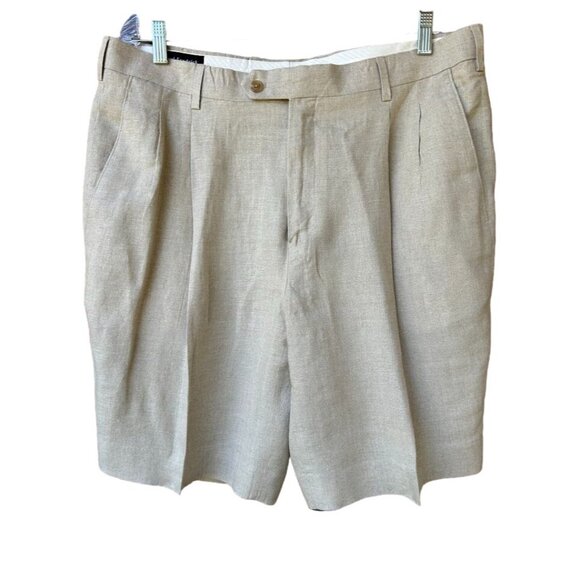 Paul Fredrick‎ Mens 100% Linen Beige Pleated Shorts 38W 10" inseam - Picture 2 of 8
